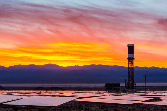 IVANPAH, CALIFORNIA, APRIL 04 2013: Tower 2 and its heliostats a